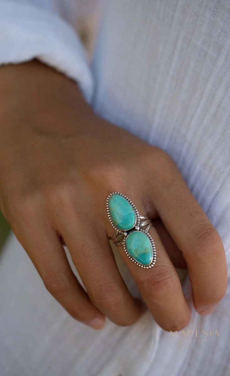 Double Turquoise Ring, 925 Sterling Silver Ring, Statement