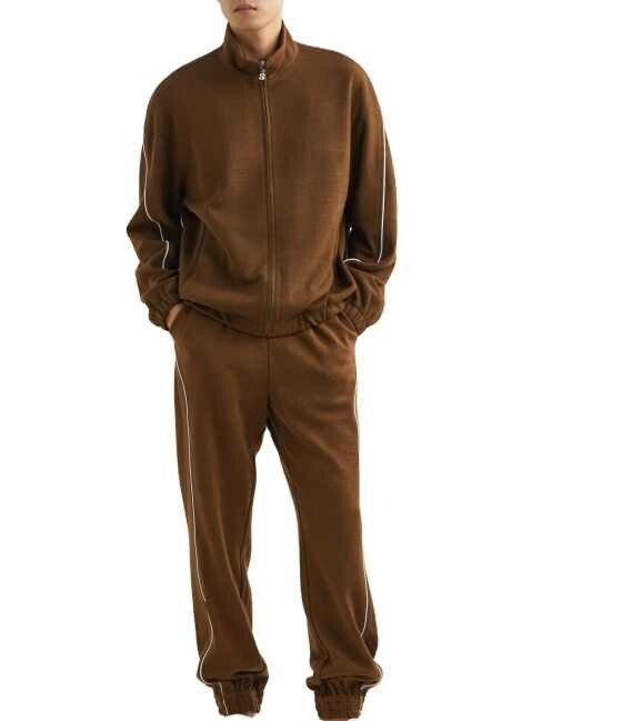 Men's Brown Track Jacket and Pants Set with Contrast Piping