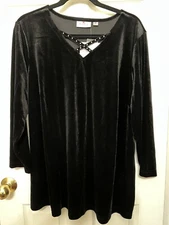 Quacker Factory Velour V-Neck Lattice Detail Bracelet Sleeve Tunic Top BLACK 1X