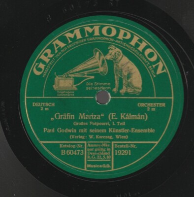   12'' 1925 Paul Godwin Künstlerensembl GRÄFIN MARIZA Kalman Grammophon 19291 EX 