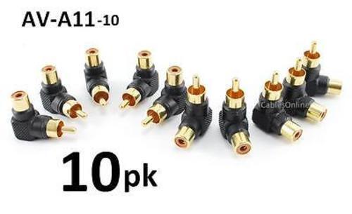 10-PACK RCA Male Plug to RCA Female Right-Angle Gold-Plated Adapter, AV-A11-10