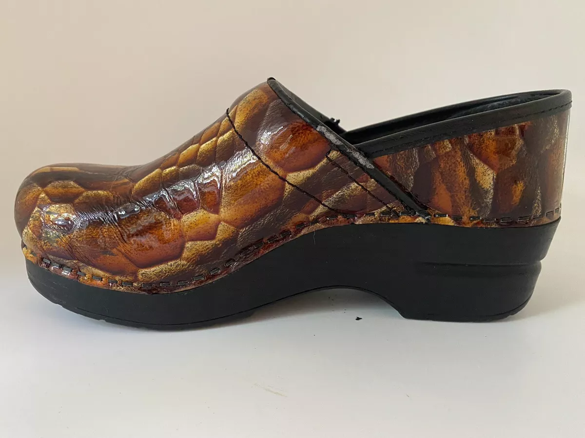 DANSKO Brown Bronze Snakeskin Snake Skin Slip On Clogs Mules Shoes Size 36