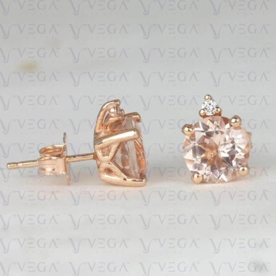 Pendiente de morganita natural y diamantes de forma redonda de 3,62 quilates de oro rosa macizo de 14 quilates Foto 2 de 4