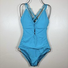 La Blanca Island Goddess Lace-Up One-Piece Swimsuit Size 10 Azul Blue Resort NWT