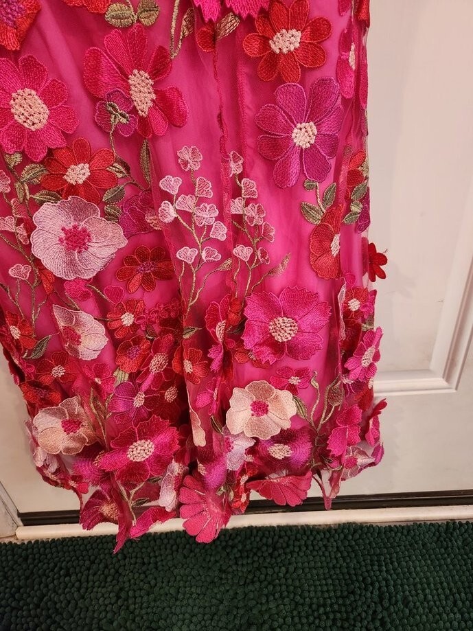 DALIA MACPHEE Lace Embroidered 3D Pink Floral Appliqu Maxi Dress Gown  D2022 Med