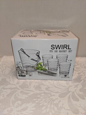 Houseware Exchange Swirl 7pc Glass Ice Bucket Set - Bucket, Tongs & 4 Rocks