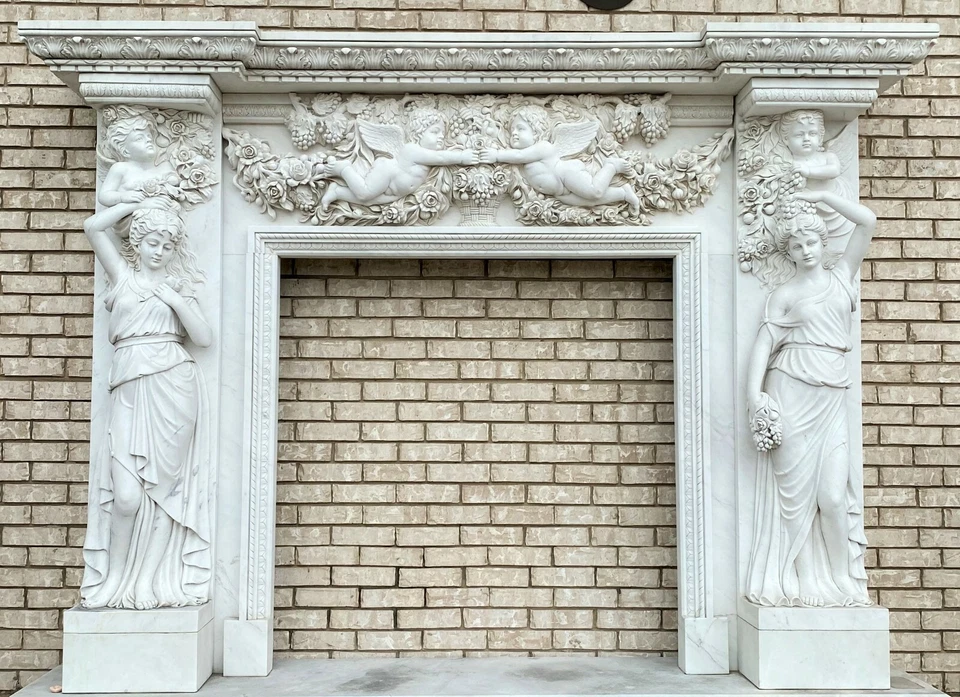 华丽大号手工雕刻意大利大理石壁炉地幔小天使 — 第 2/4 张图片