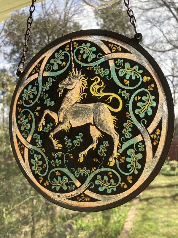 Unicorn Stained Glass pendant round Sun Catcher Glass Masters