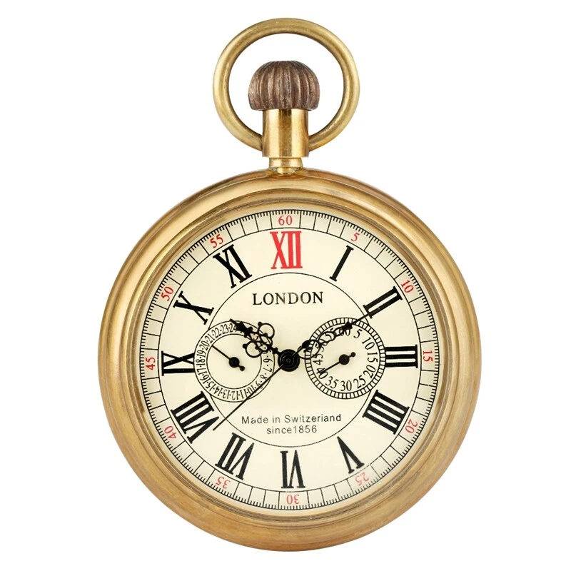 Men's Vintage Mechanical Pocket Watch Copper Open Face Luxury Fob Chain Watches - Image 3 of 4