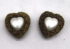 Vintage 2 Heart Button Covers, Faux Pearl, Gold Tone Meta & Plastic 1/2" B  #838