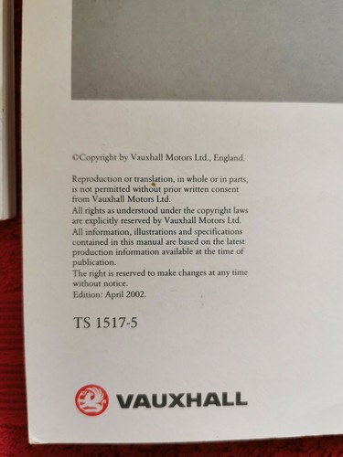 Vauxhall Zafira Owner's Manual Pack, April 2002, TS1517-5 - Picture 3 of 3