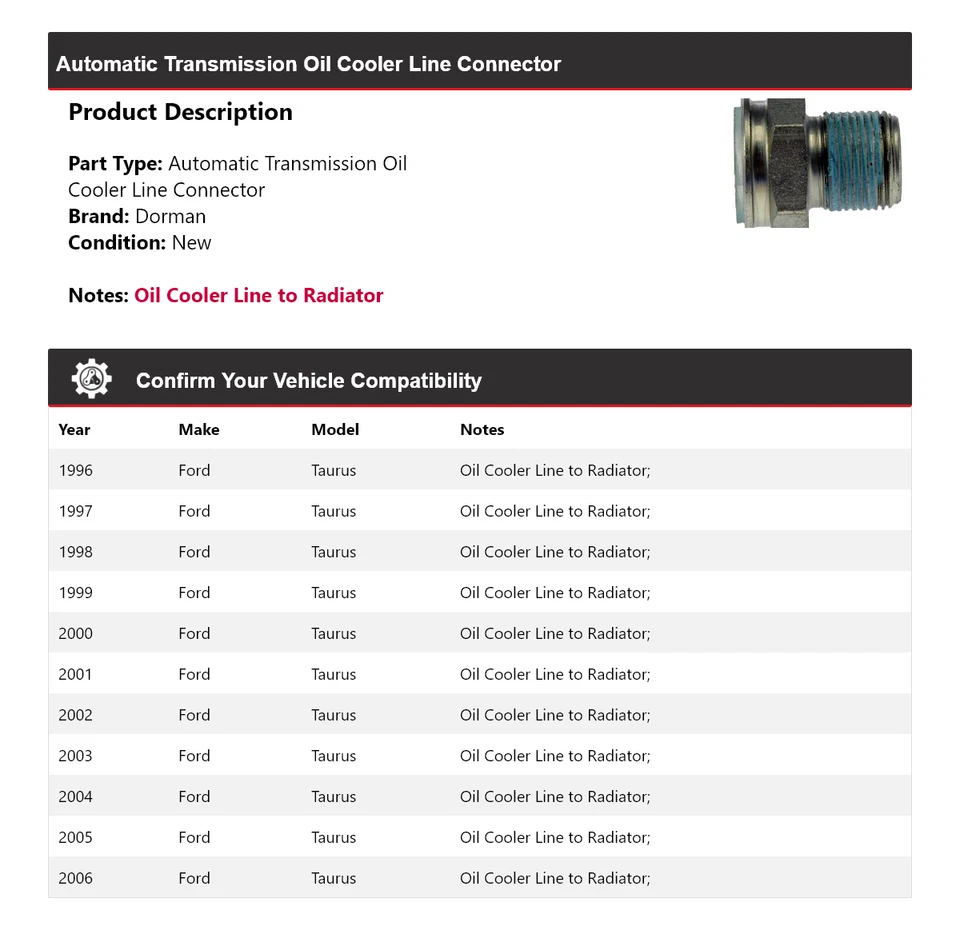 Conector de línea de enfriador de aceite para Ford Taurus Dorman AT 1996-2006 1997 1998 1999 Foto 2 de 4