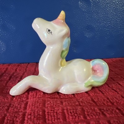 Vintage Ceramic Unicorn Glossy White With Rainbow Horn, Mane, Tail 4 X 3.50 Inch