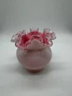 Vintage Fenton Milk Glass Pink Rose Crest Vase w/ Ruffled Rim