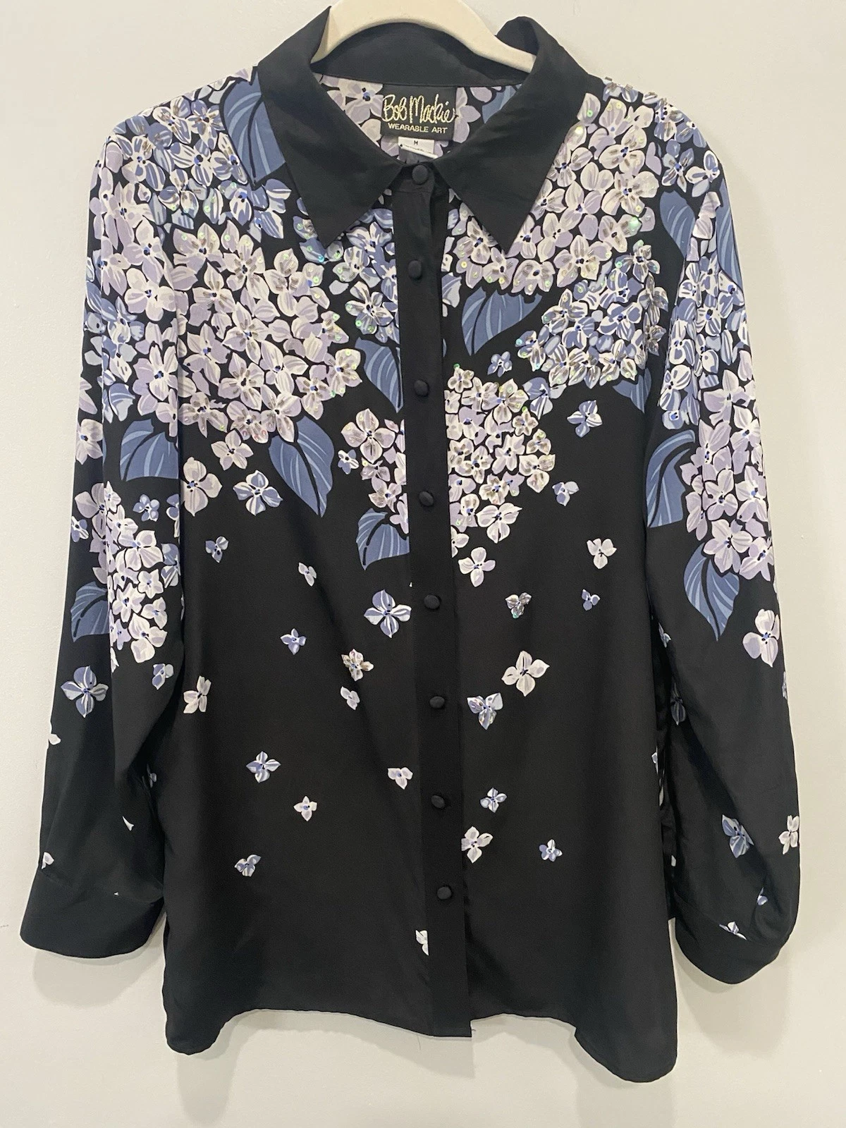 Bob Mackie Women’s Wearable Art Floral Silk Button Up Blouse Black Blue Size M