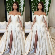 Wedding Dress Off The Shoulder Pleated Bodice High Slit Sweep Train Bridal Gown