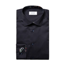 Eton Shirt Navy Blue Floral Trim Signature Twill Wrinkle Free 36 14 Super Slim