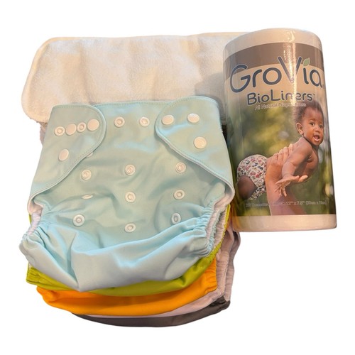 AlvaBaby Cloth Diaper Lot 5 One Size Pocket Diapers 10 Inserts GroVia BioLiners