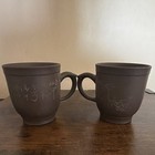 Set of 2 Brown Matte Ceramic Mugs w/ Incised Decor, Handle, Impressed Mark — photo 1
