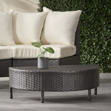 Grey Half-Round PE Wicker Coffee Table, Weather Resistant, No Assembly