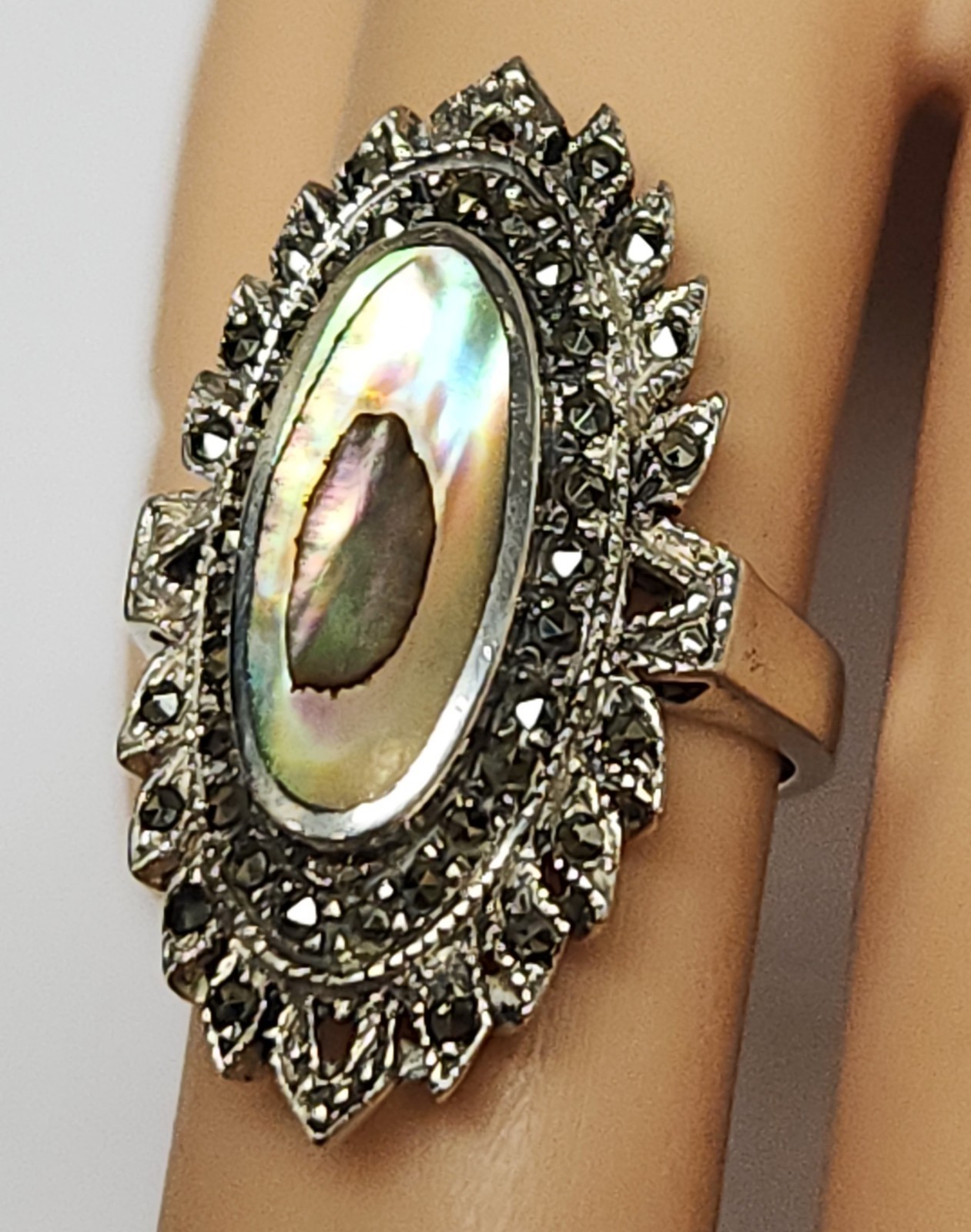 Long Vintage Operculum Abalone Shell Marcasite 92… - image 1