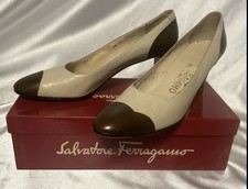 Salvatore Ferragamo Brown Cream Leather Scalloped Design Shoes Heels 9.5 AAA