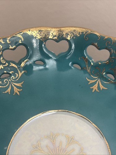 VTG L & M Royal Halsey Fine Bone China Saucer Turquoise Gold Lusterware heart 6” - Picture 9 of 15