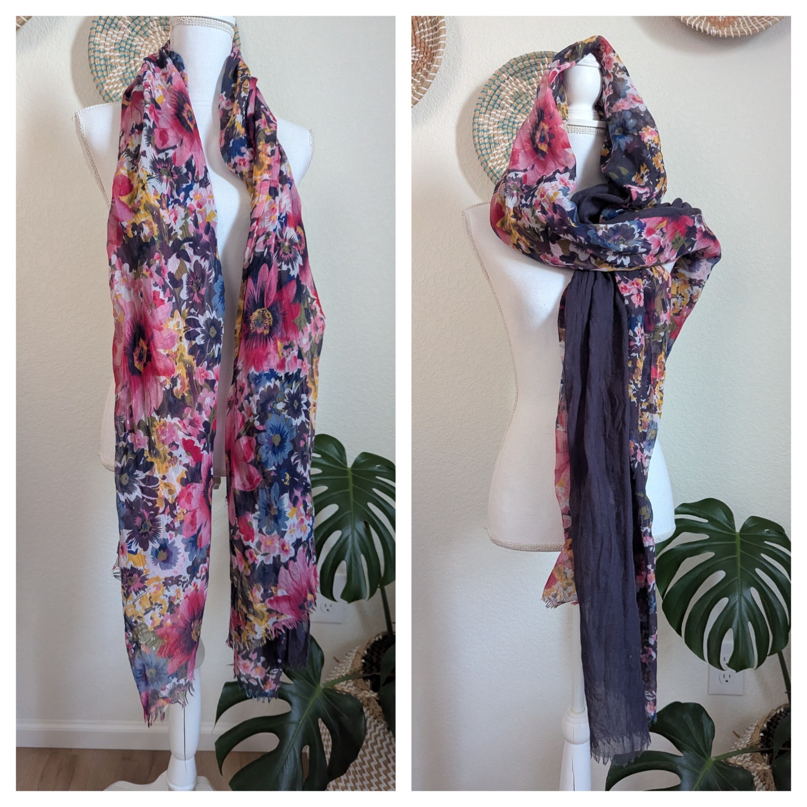Floral Multicolor Rectangular Scarf Polyester Boh… - image 1