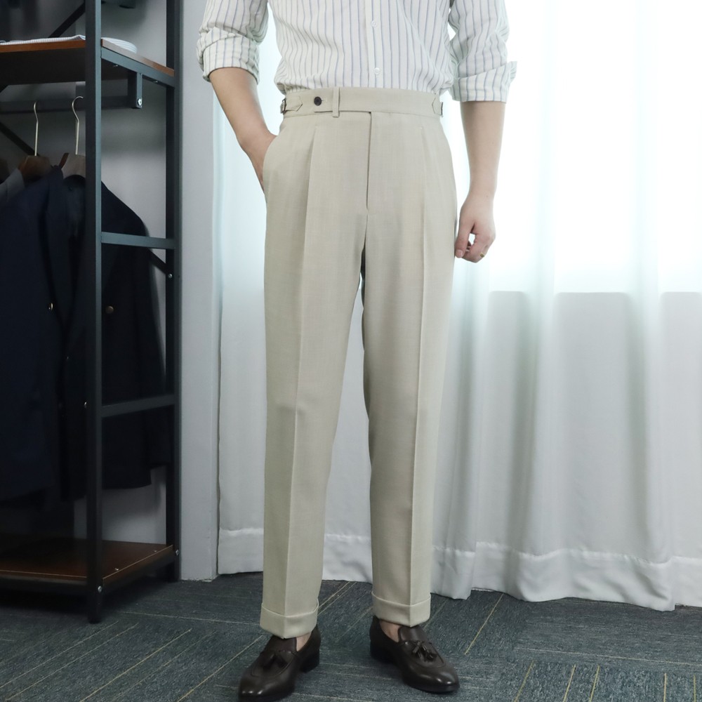 Men's Gurkha Pants Adjustable Waist Straight Fit Linen Blend Trousers