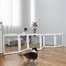 Freestanding Foldable Dog Gate Wooden Extra Wide White Puppy Gate 6 Panels Ta...
