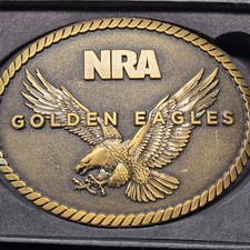 NRA Golden Eagles Brass Belt Buckle Eagle in Flight Rope Border USA NEW w/ Box