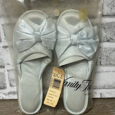 Vtg Vanity Fair Blue Ice Boudoir Big Bow Satin Bridal Slippers Sz M 6.5-7.5 NOS