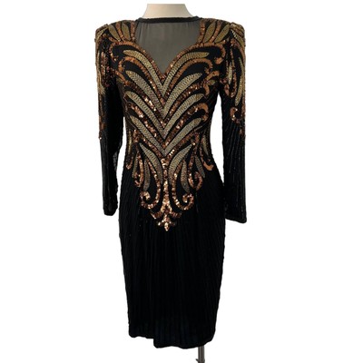 Cache Vintage Silk Fully Beaded Sequin Black Mini Dress Long Sleeve S/M