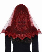 Red Mantilla D-Shaped Sacred Heart Embroidered Veil for Women Church Mass Cat
