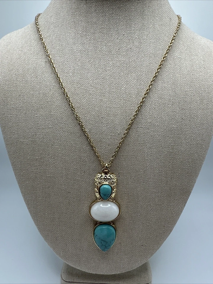 Samantha Wills Gold Tone w/Turquoise & White Agate Pendant Necklace 31” - image 2 of 4