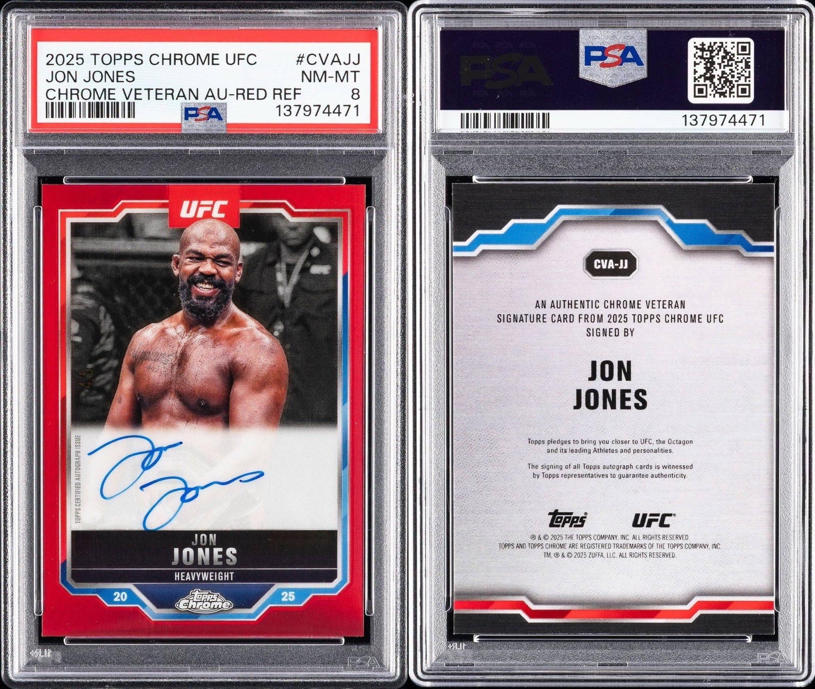 2025 Topps Chrome UFC Jon Jones Veteran Auto Red Refractor /5 #CVAJJ PSA 8 view 3