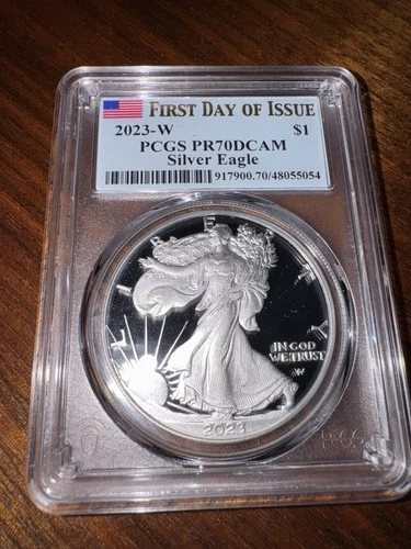 2023 W $1 Proof Silver Eagle PCGS PR70 DCAM First Day of Issue Flag Label