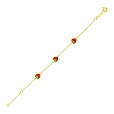 14k Yellow Gold Childrens Bracelet with Enameled Strawberries 1.00 mm 