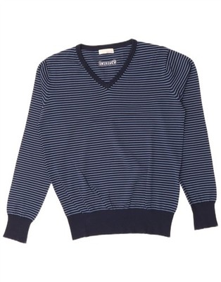 GAUDI Mens V-Neck Jumper Sweater Large Navy Blue Striped Viscose CT02