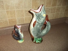 Antique 2 LOT  Majolica Gurgling Fish Jug Pitcher 12" & 6" Fish Jug Majolica