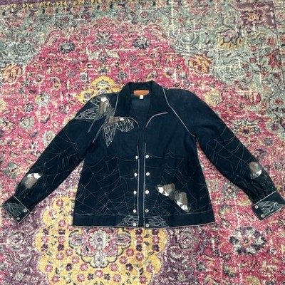Roberto Cavalli Embroidered Butterfly Web Leather Jacket Dark Blue M