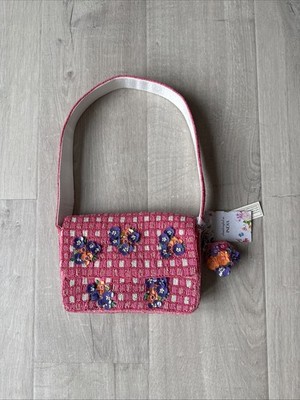 NEW Viral Gorgeous Pink Beaded Shoulder Bag With Violet Flowers And Flower Charm