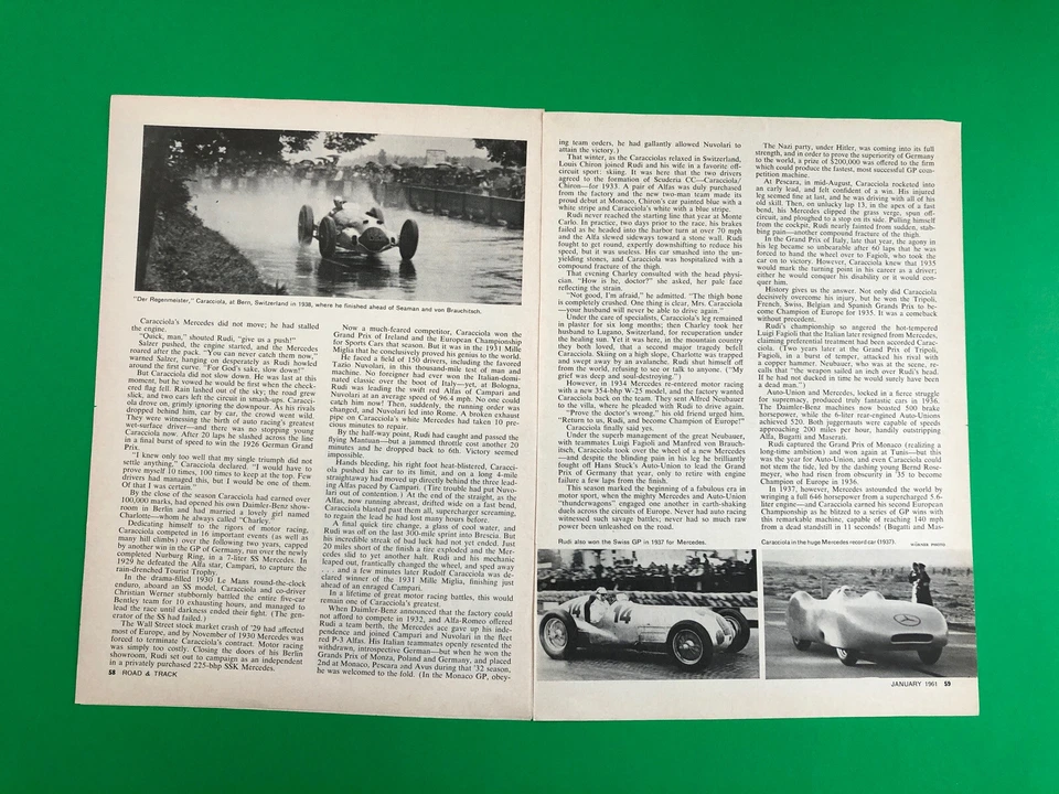 1961 MERCEDES BENZ RUDOLF CARACCIOLA ORIGINAL PRINT AD 5 PAGE ROAD TEST PRINTED - Image 2 of 3