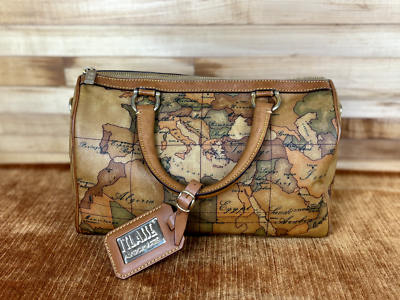 Alviero Martini Prima Classe Geo Map Leather Satchel Bag Italy w