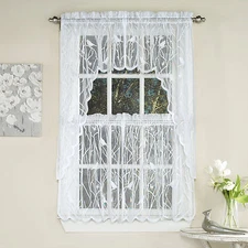 Knit Lace Bird Motif Kitchen Window Curtain Tiers, Swags or Valance White