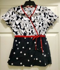 Disney Minnie Mouse Women  s Size S Scrub Top Polka Dot Black White Pockets Bow