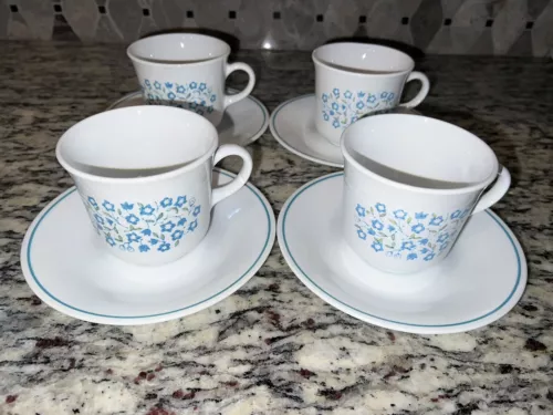 Corelle Blue Heather Tea Cups and Saucers Set of 4 Vintage