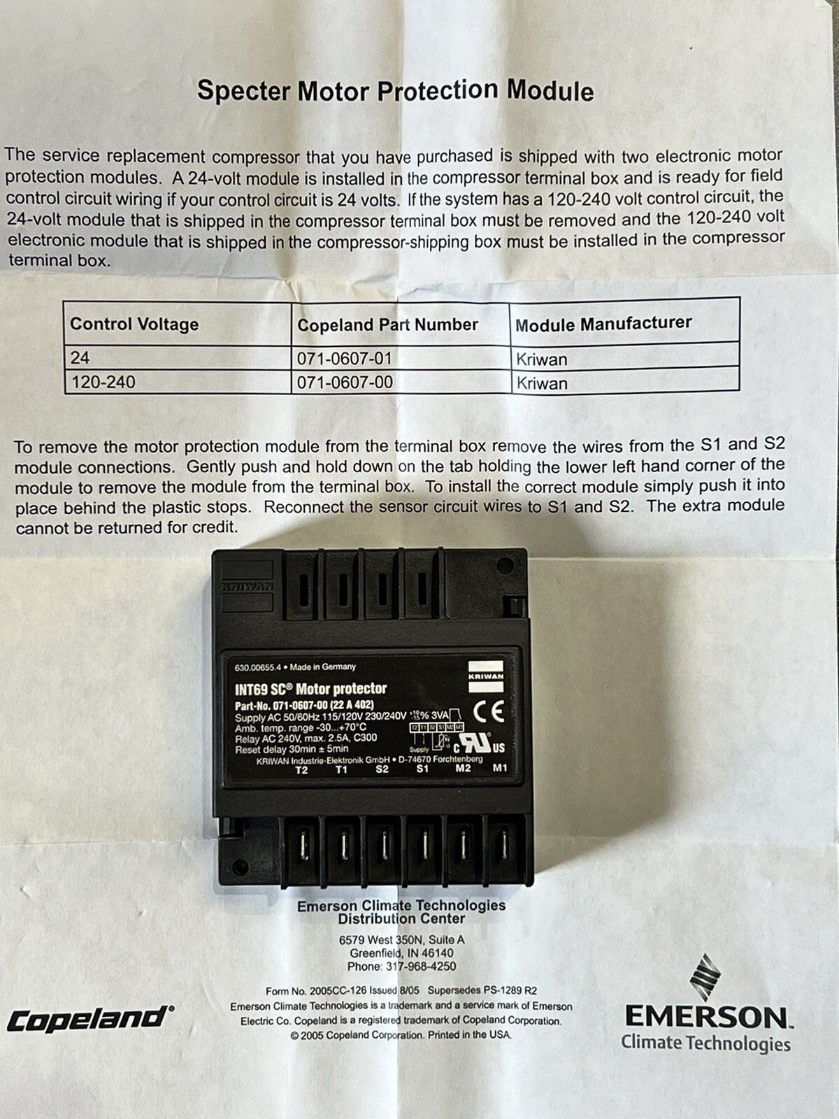 KRIWAN INT69 SC Motor Protector 071060700 (22 A 402)50/60HZ 115/120V