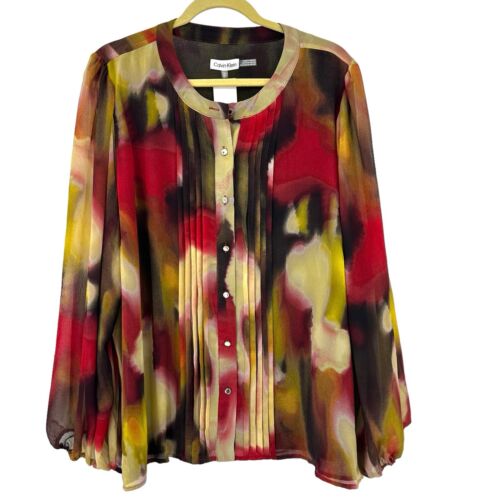 NWT’s Calvin Klein 2X Blouse Shirt Chiffon Layered Top Pleated Button Front