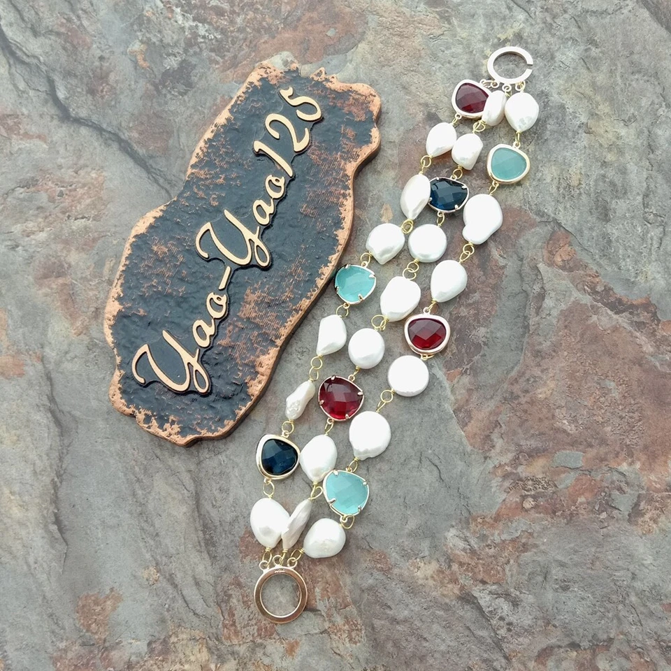 8,5'' 3 ряда белый барокко жемчуг монета жемчуг кристалл браслет - Изображение 2 из 4